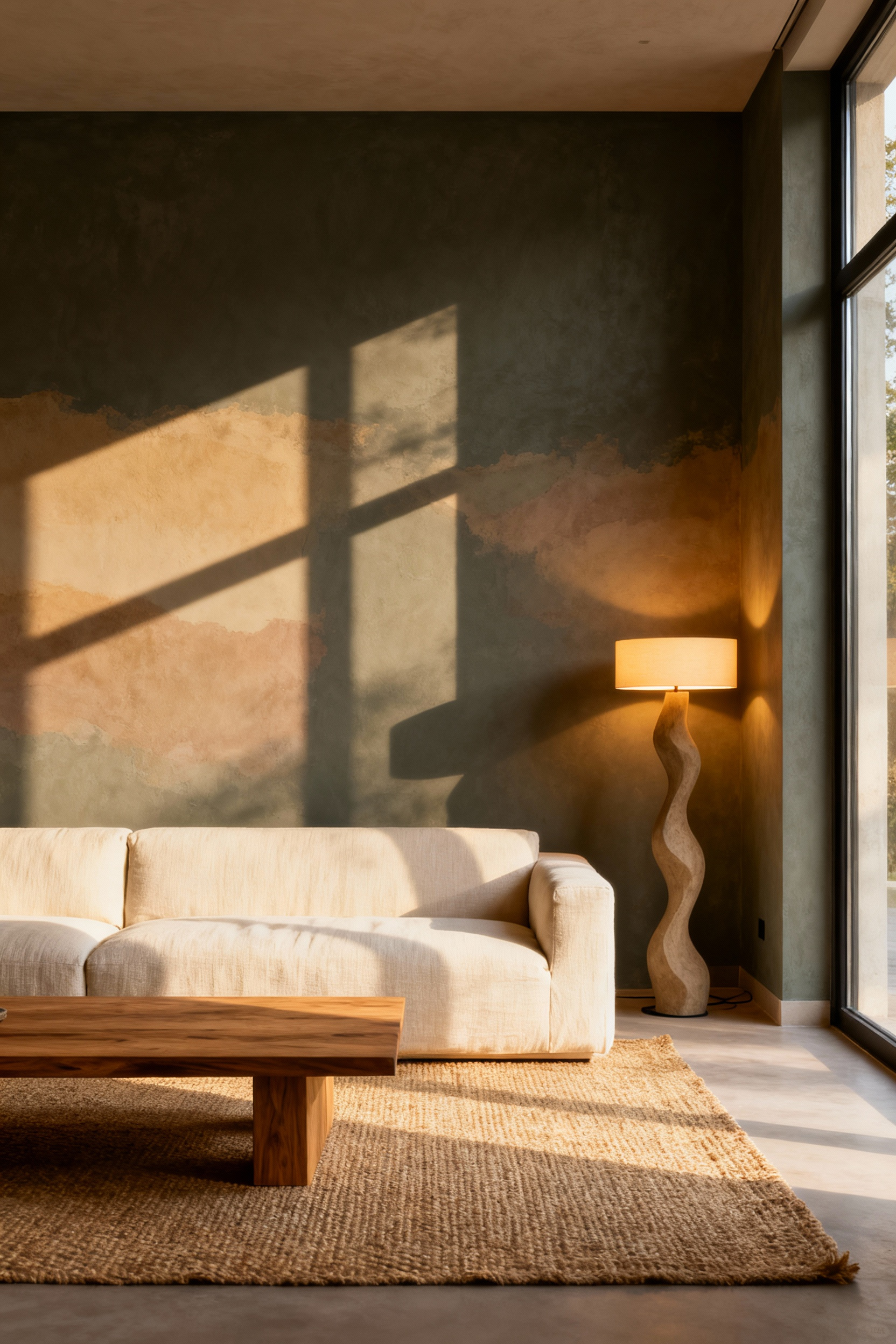 A modern living room featuring warm greige walls, a cream linen sofa, and natural wood accents, illustrating the shift from stark white to comforting neutral paint colors.