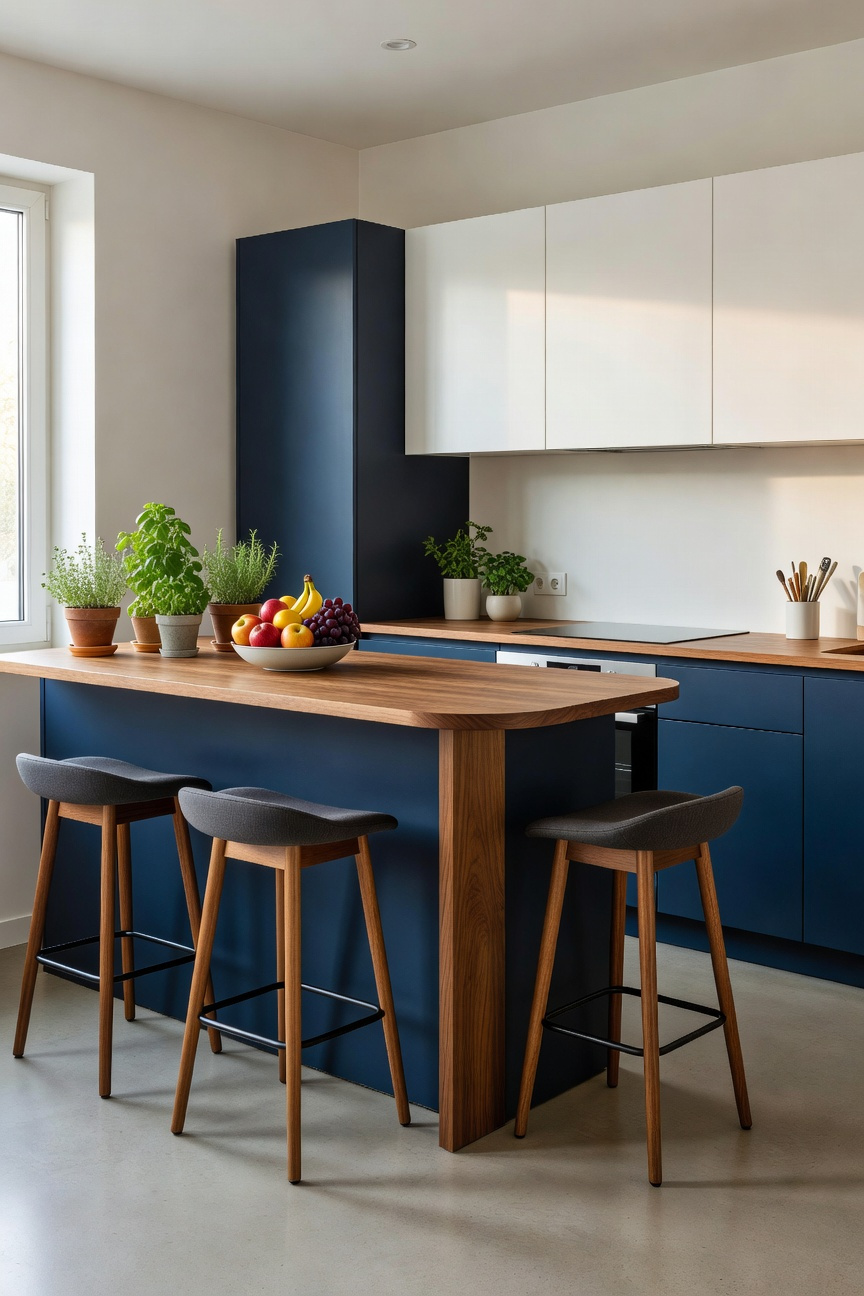 A compact apartment kitchen featuring navy cabinetry, a wooden peninsula counter with three bar stools strategically arranged in an L-shape to foster conversation and create a "Social Triangle."