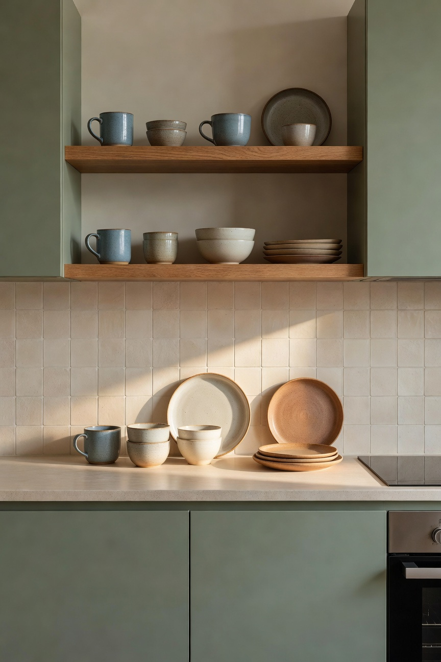 Display of tactile, hand-thrown ceramic mugs and bowls on natural wood open shelving in a modern apartment kitchen.