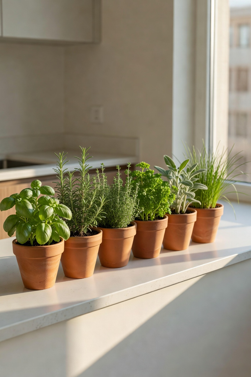 A row of vibrant culinary herbs planted in uniform unglazed terracotta pots on a sun-drenched apartment kitchen windowsill, serving as functional decor.