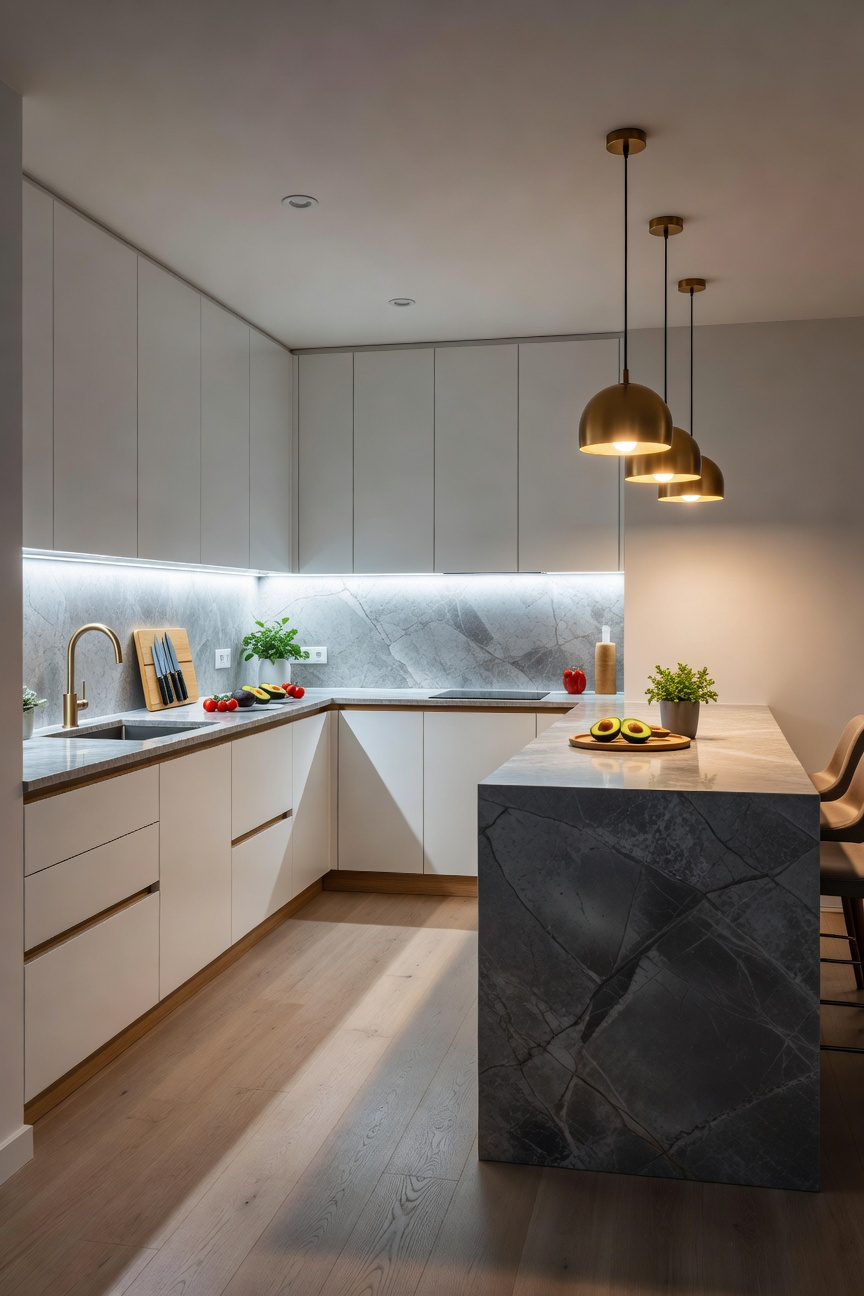 Modern apartment kitchen showcasing effective layered illumination, contrasting cool white task lighting (3800K) under cabinets with warm amber ambient pendant lighting (2700K) over a kitchen island.