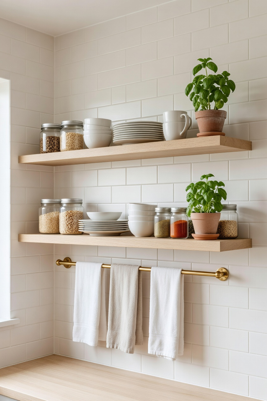 Floating wooden open shelving in a compact apartment kitchen displaying curated white ceramics, transparent glass storage containers, and fresh potted herbs against a clean white subway tile backdrop.