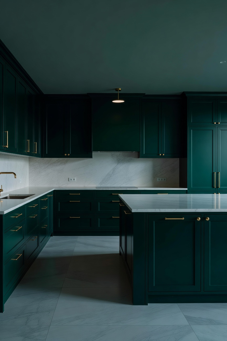 A moody, high-end kitchen featuring cool-toned green cabinets and white marble countertops under soft ambient lighting.
