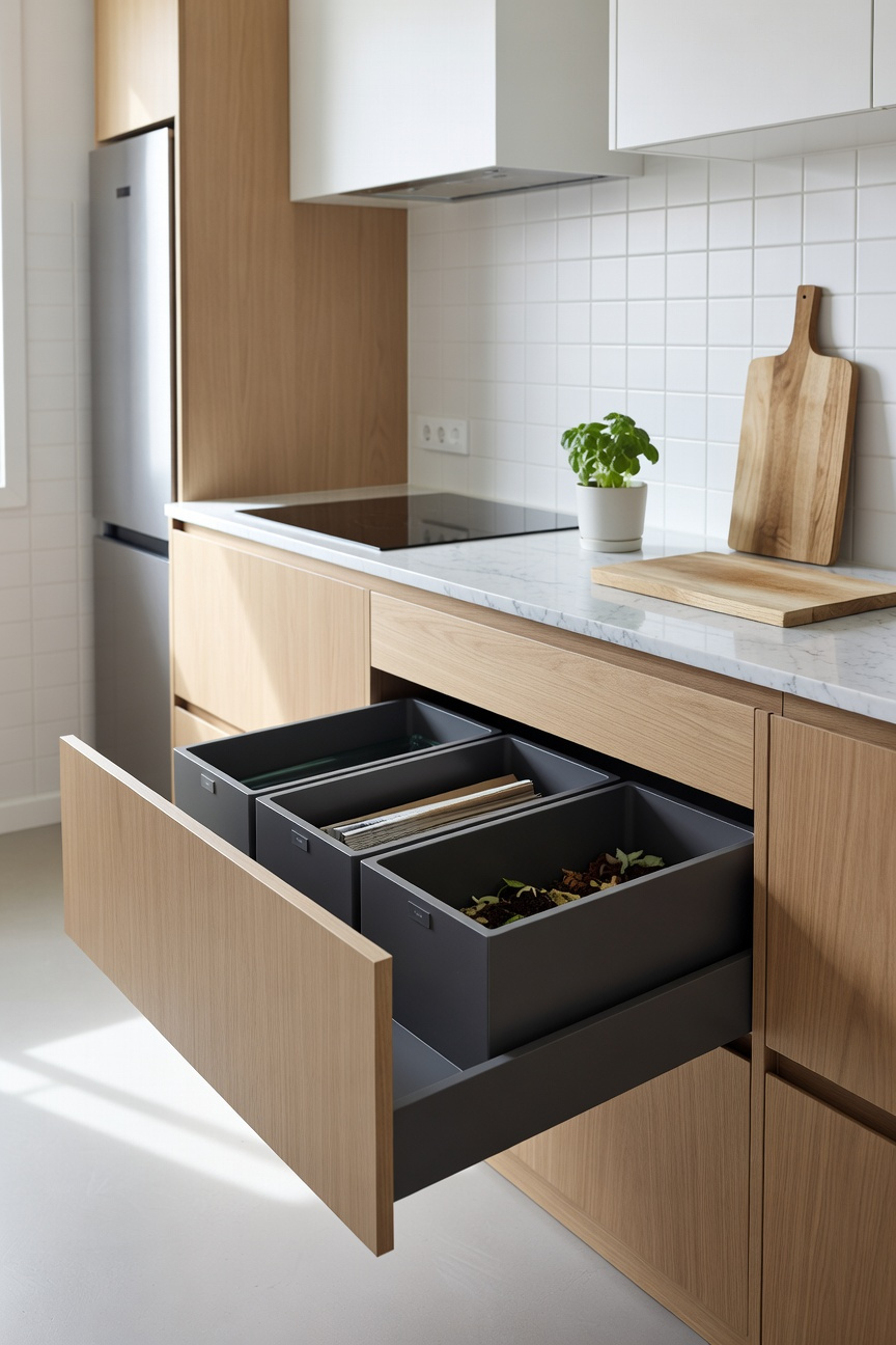 A modern pull-out kitchen drawer organized with multiple recycling bins for sustainable waste management in a Scandinavian-style home.