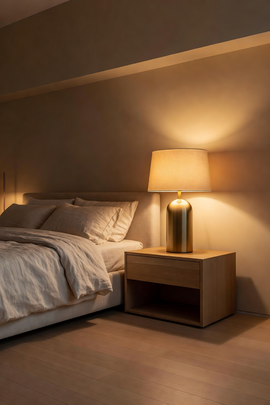 A warm, modern bedroom lit by soft three-point lighting, showing dimensional shadows cast by a prominent bedside lamp on linen sheets, illustrating cozy bedroom lighting design.