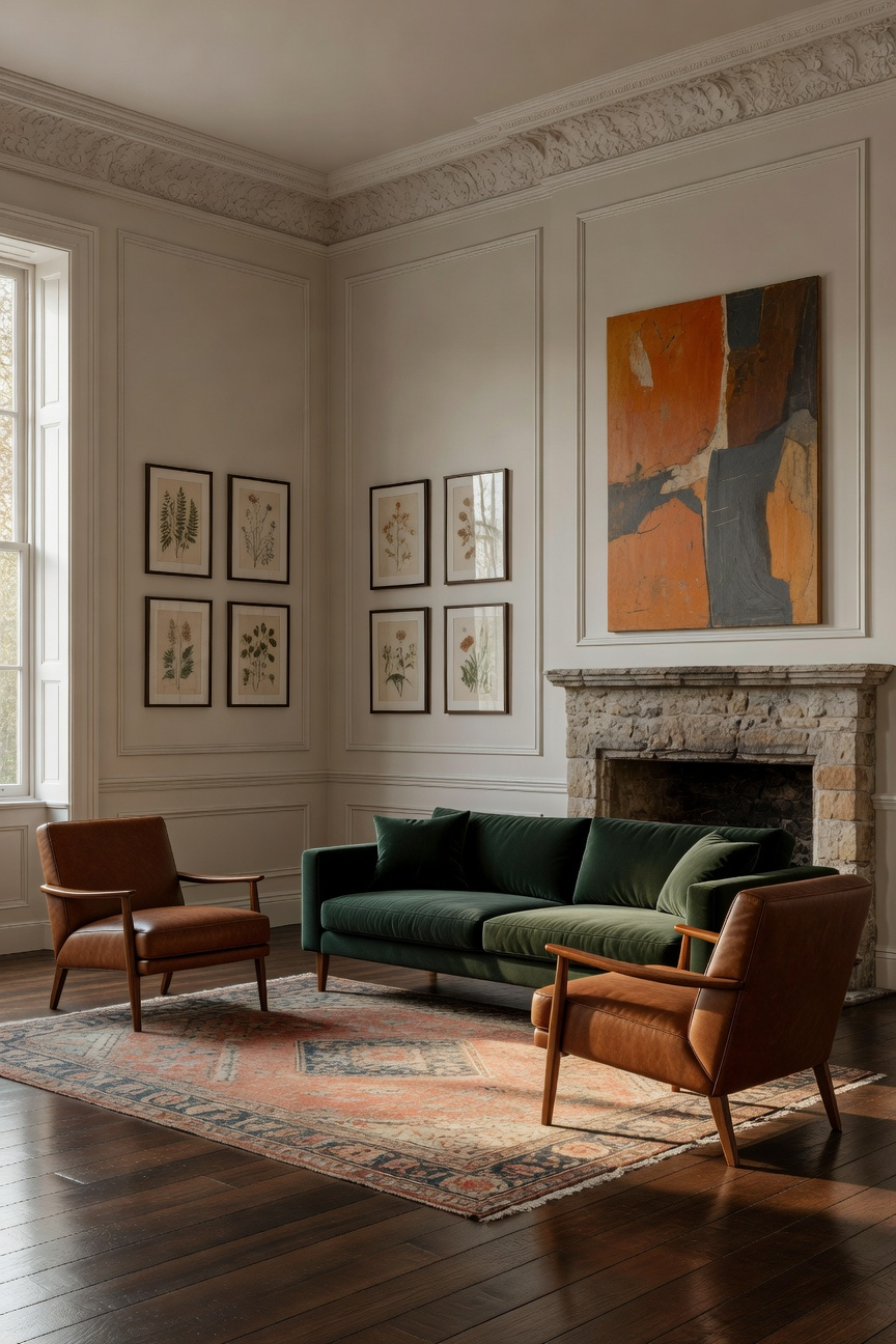 A spacious, curated eclectic living room in a heritage home featuring antique moldings, neutral white walls, a green velvet sofa, and mixed vintage and modern collected furniture.