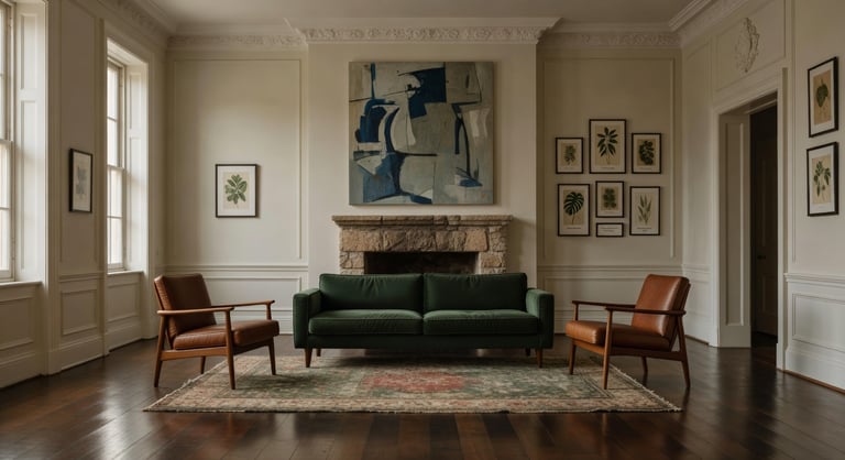 A spacious, curated eclectic living room in a heritage home featuring antique moldings, neutral white walls, a green velvet sofa, and mixed vintage and modern collected furniture.
