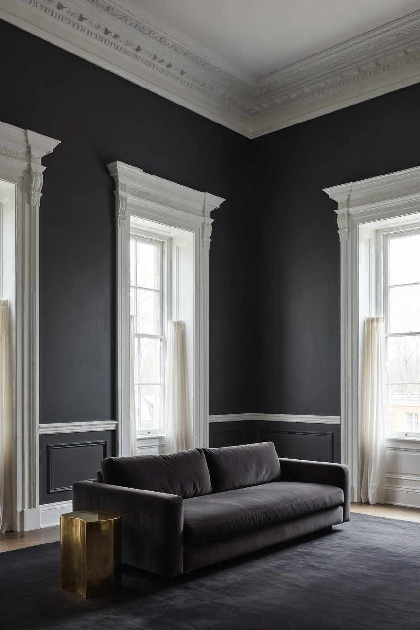 Interior view of an eclectic living room featuring high ceilings and detailed original crown molding painted in a matte white finish that contrasts sharply with the deep matte charcoal walls, illustrating architectural deference.