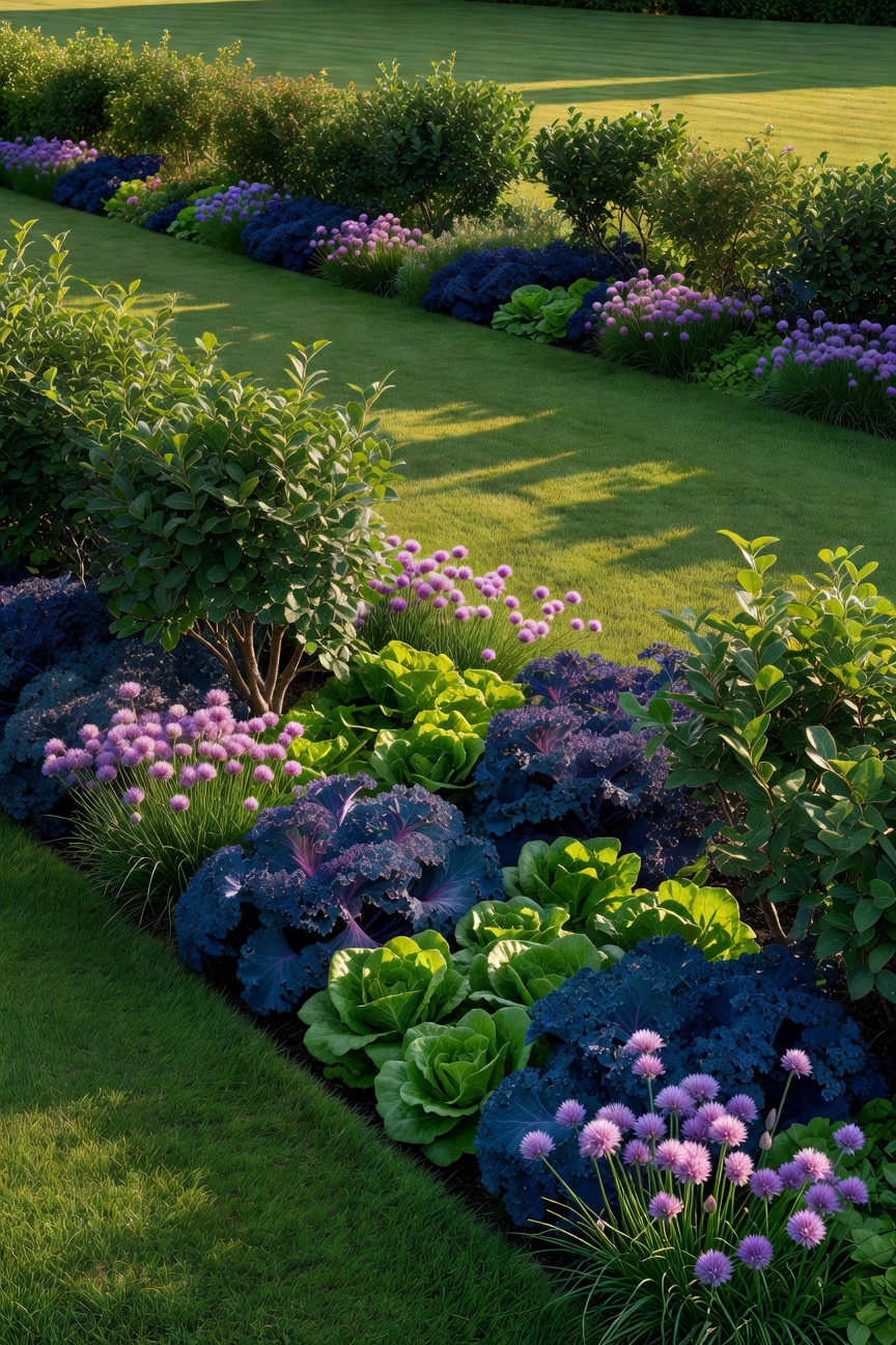 A professional landscape design featuring an edible border with blueberry bushes and kale lining a manicured green lawn.