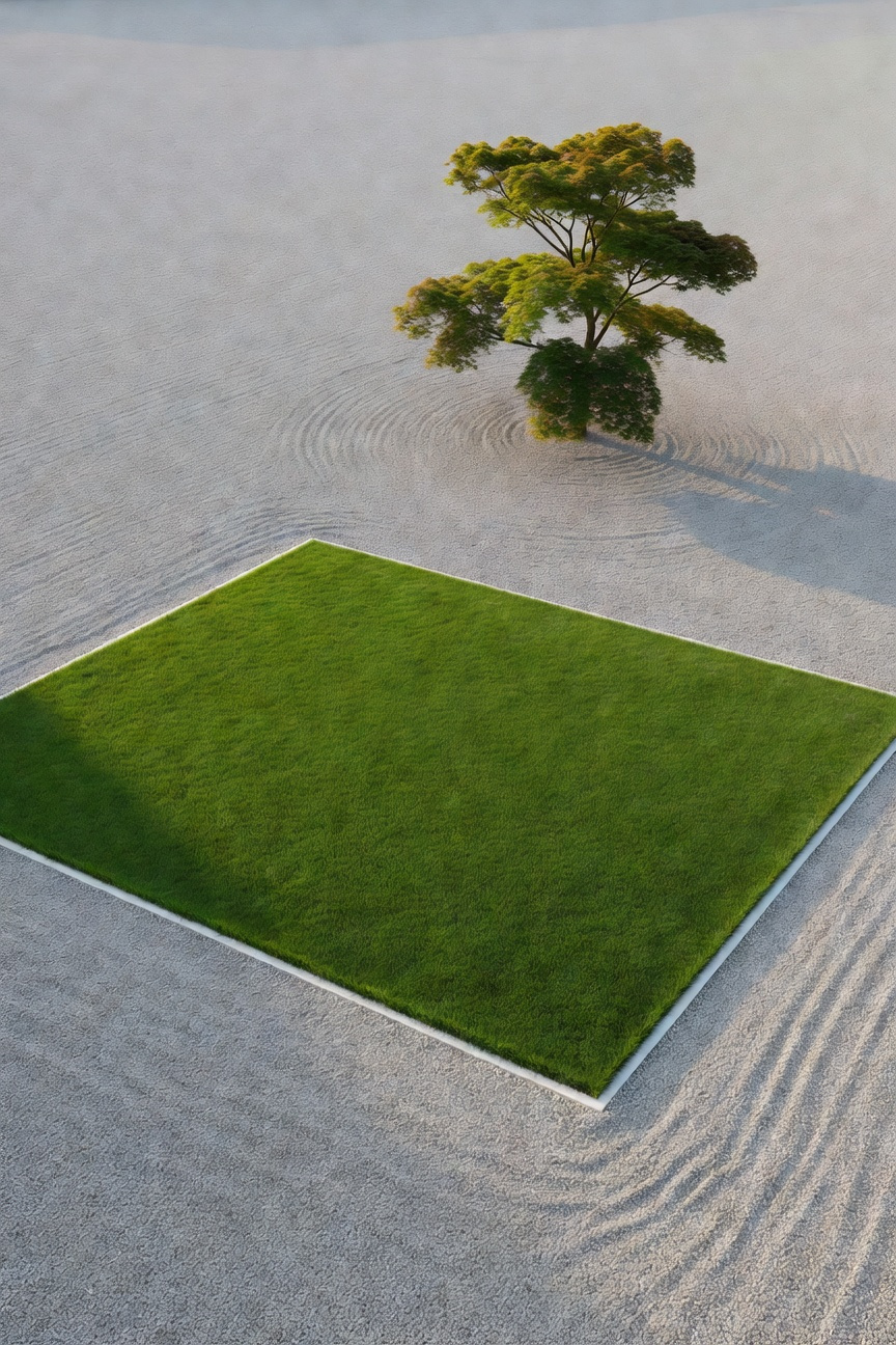 A minimalist garden featuring a rectangular patch of vibrant green grass surrounded by smooth gray gravel and architectural landscaping.