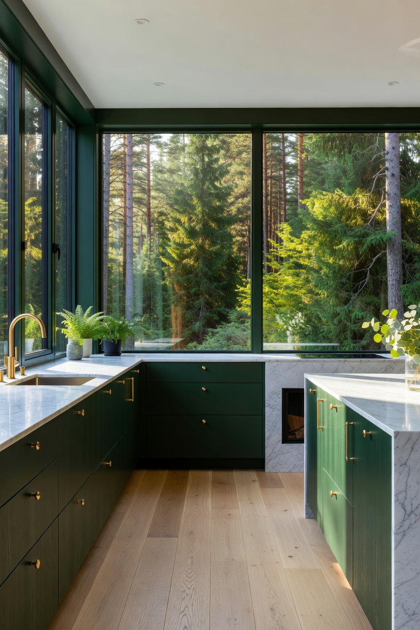 A modern Scandinavian kitchen featuring dark green cabinets and large windows looking out into a bright green forest.