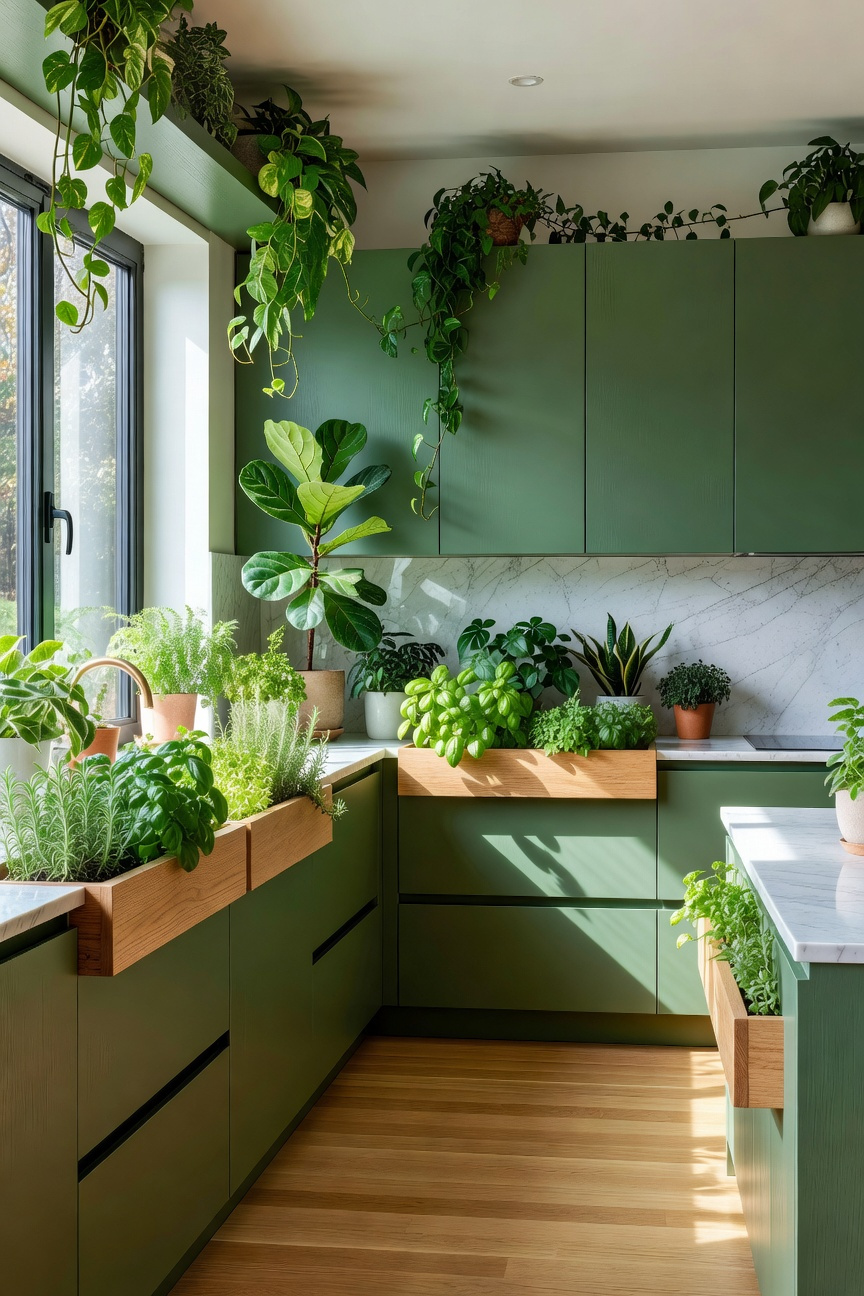 A modern kitchen featuring deep Fir Green cabinets integrated with live herb gardens and surrounded by indoor plants under bright natural light.