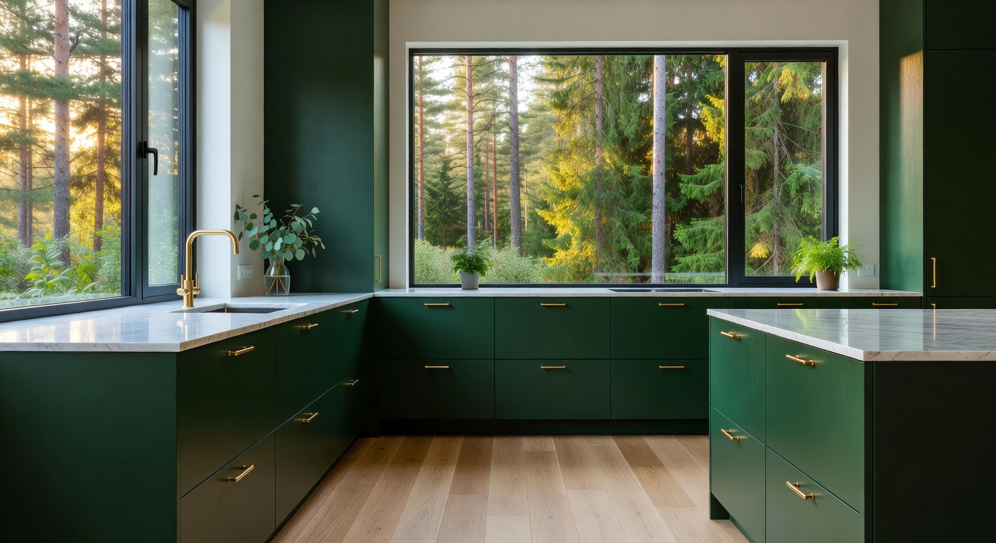 A modern Scandinavian kitchen featuring dark green cabinets and large windows looking out into a bright green forest.