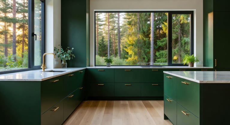 A modern Scandinavian kitchen featuring dark green cabinets and large windows looking out into a bright green forest.