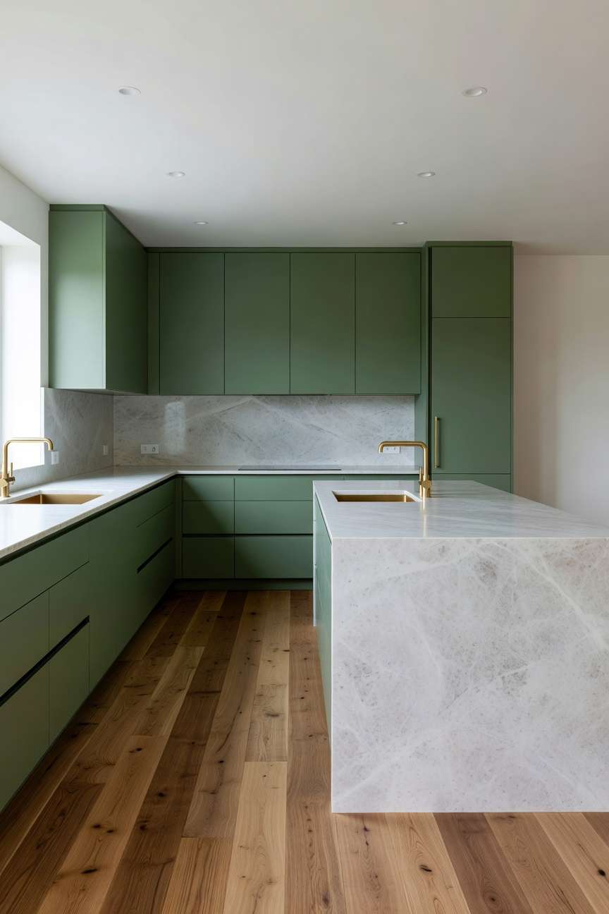 A modern kitchen with dark green cabinets and white honed marble countertops under soft natural light.