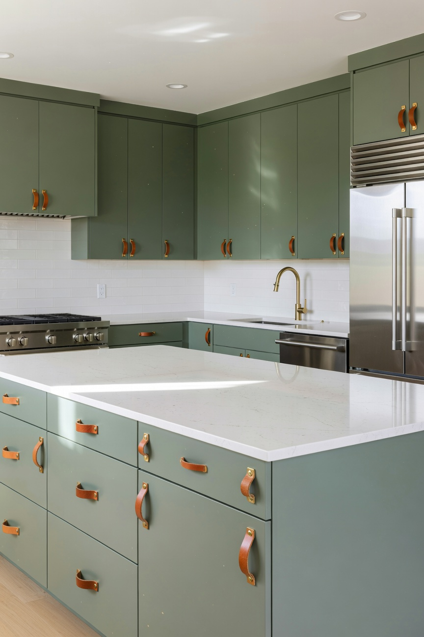 A bright, full-scene kitchen featuring sage green cabinets with tan leather pulls and white quartz countertops.