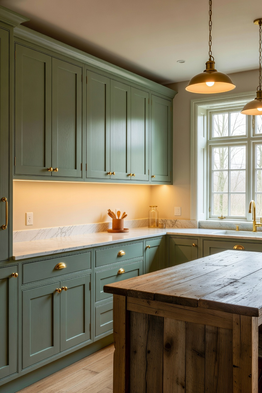 A luxurious English Country kitchen with deep green cabinetry under warm designer lighting.
