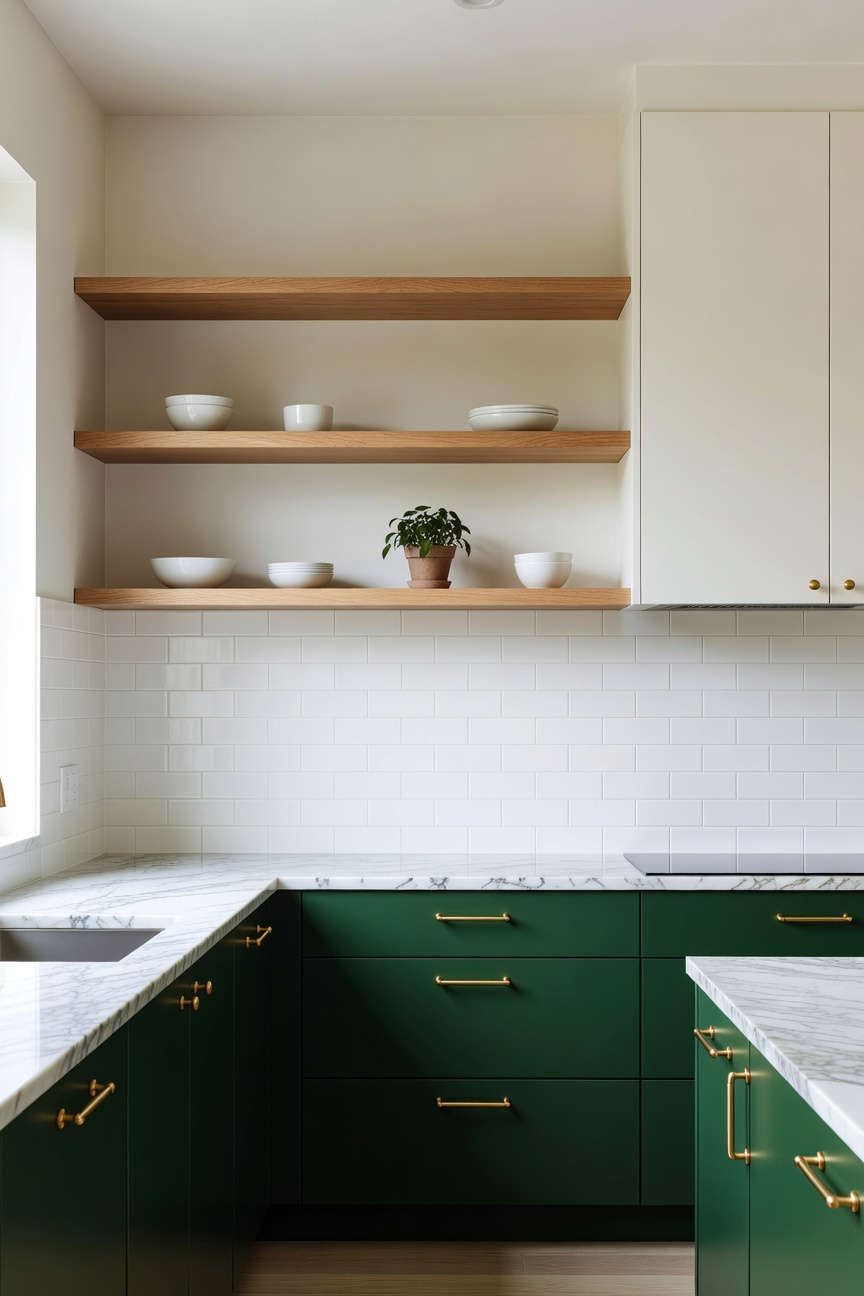 A modern kitchen design featuring forest green lower cabinets paired with natural wood open shelving on a white tile wall.