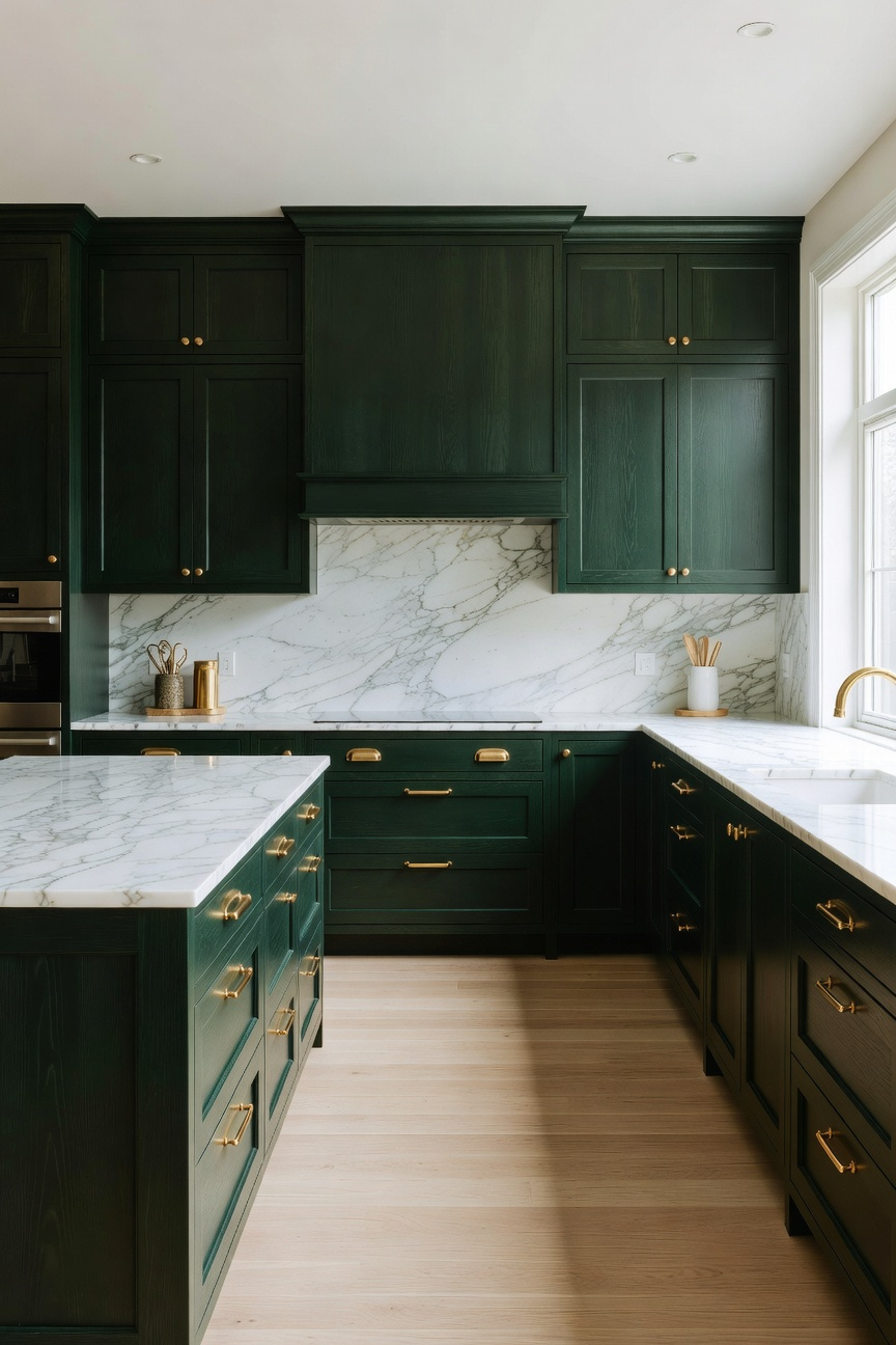 A full view of a modern kitchen with forest green kitchen cabinets, unlacquered brass handles, and white marble countertops.