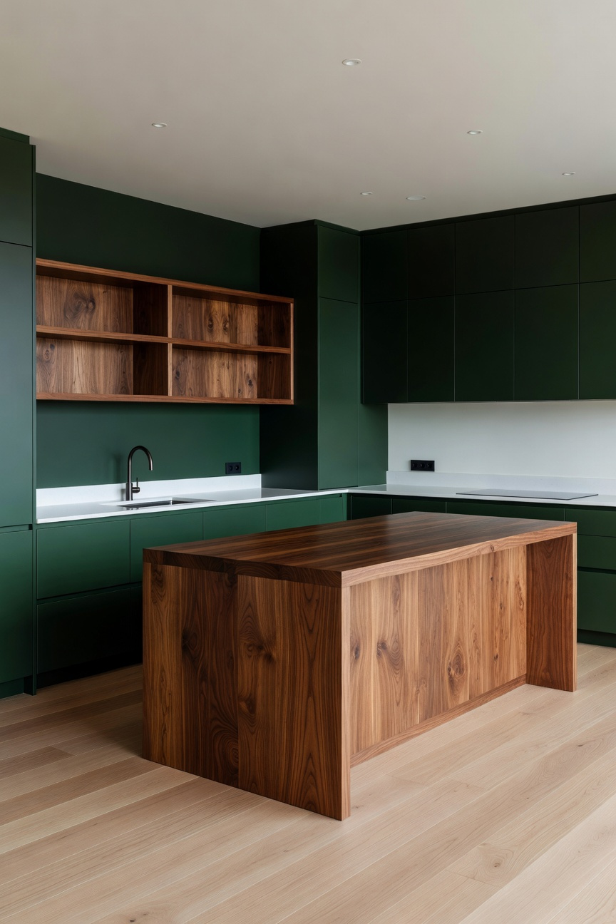 High-end kitchen interior featuring matte deep green cabinets and a warm walnut wood island with white quartz countertops.