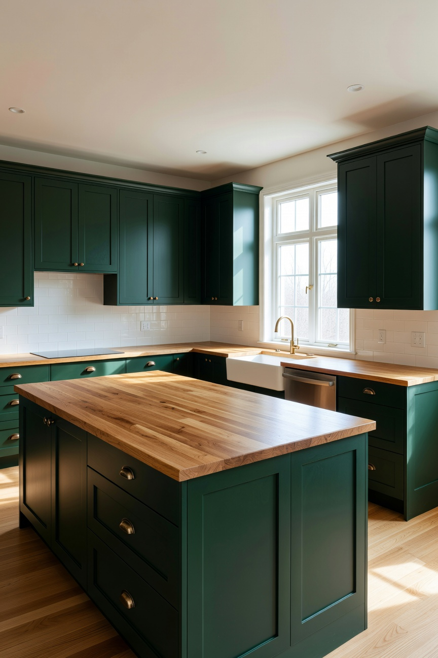 Forest green kitchen cabinets with a rustic butcher block countertop and natural sunlight.