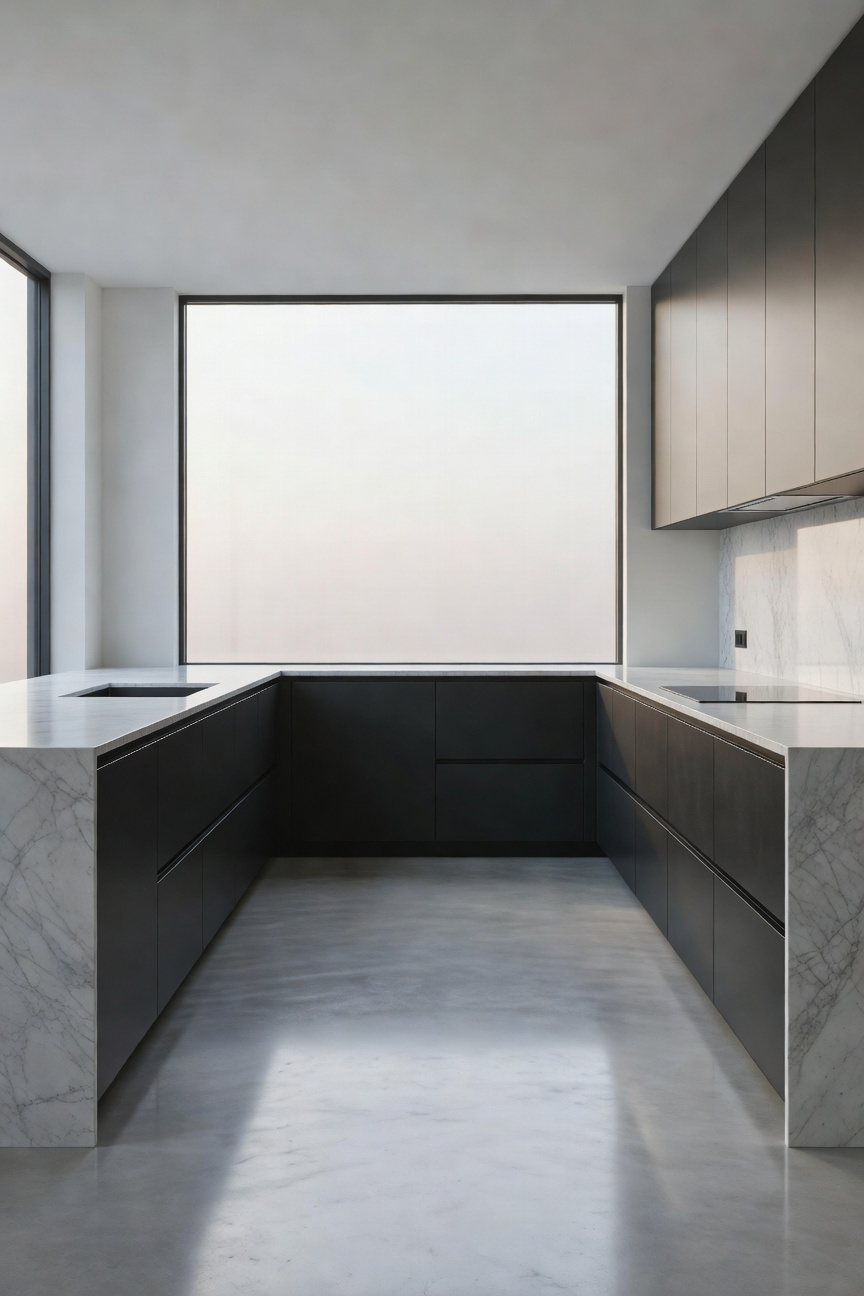 A sleek modern kitchen featuring dark gray handleless cabinetry and white marble countertops in a minimalist open-plan space.