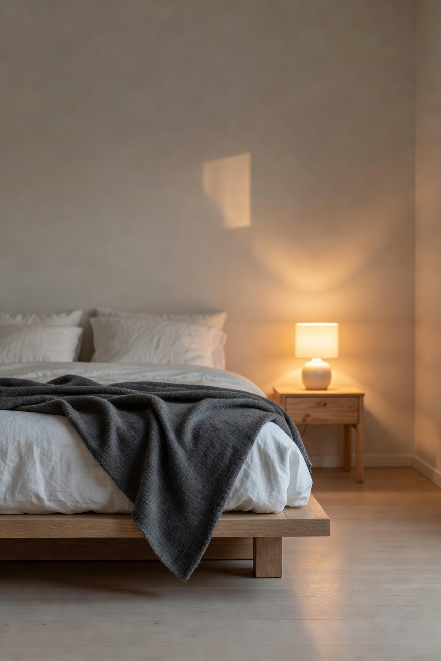 A cozy Scandinavian bedroom bathed in warm, low-Kelvin amber light (2700K), featuring a platform bed, linen sheets, and a glowing ceramic table lamp on a pine nightstand.