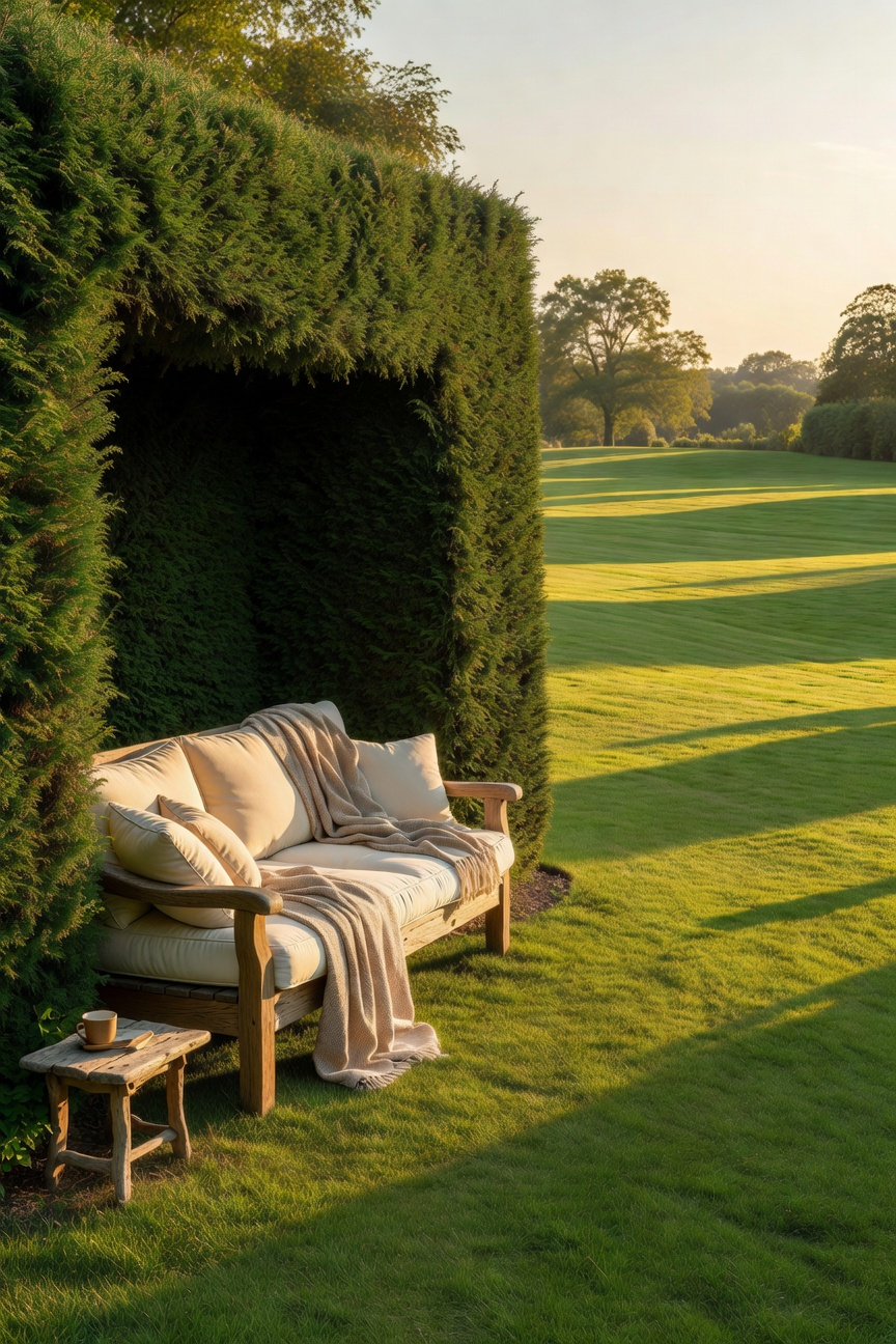 A cozy outdoor seating area with cushions set against a tall hedge overlooking a large green lawn garden at sunset.