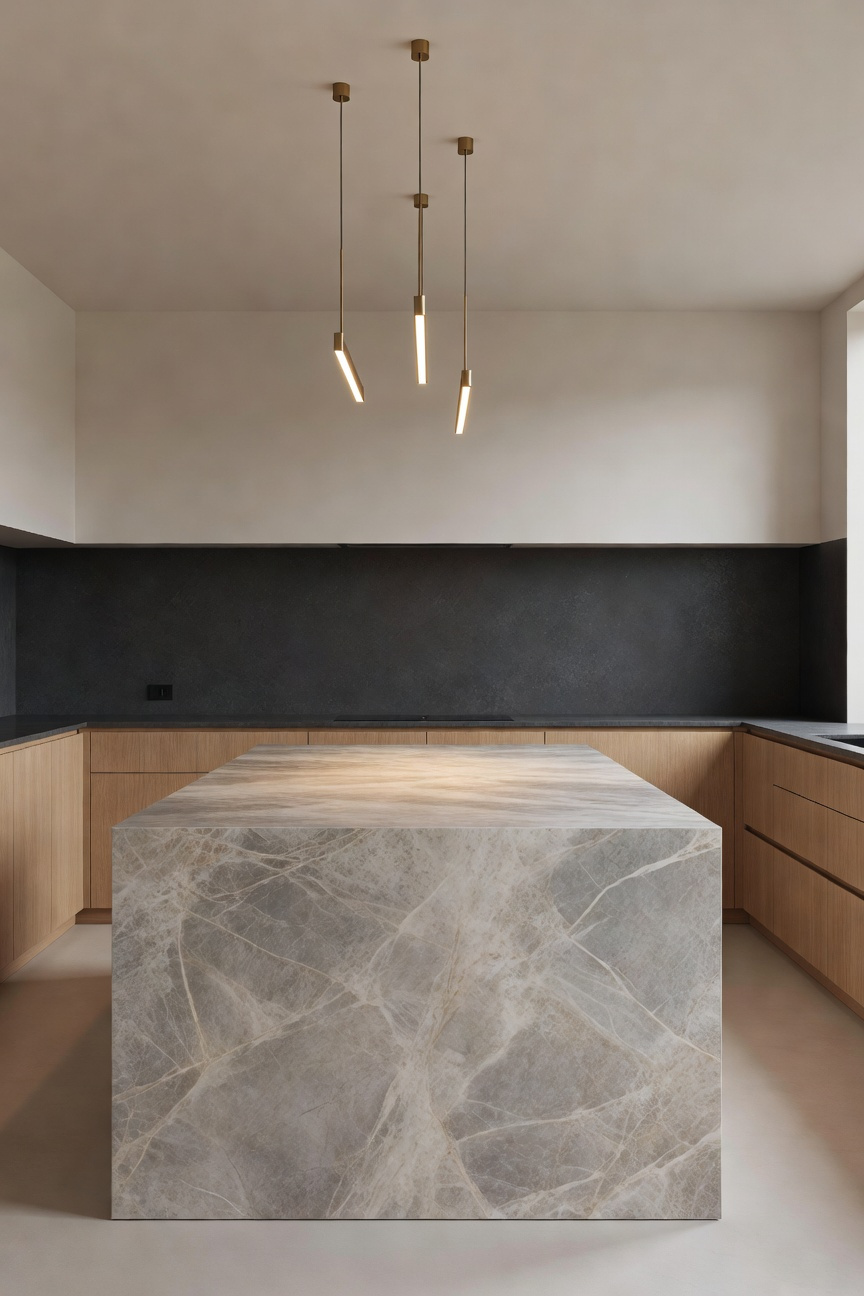 A spacious modern kitchen featuring non-reflective honed marble and matte quartz countertops with soft natural lighting and minimalist wood cabinets.