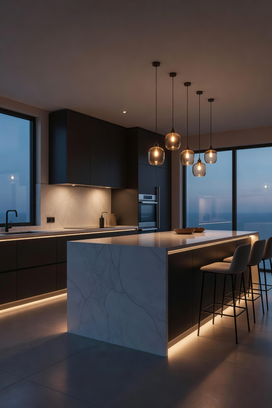 A high-end modern kitchen with layered lighting featuring warm pendants and under-cabinet LEDs to create a cozy evening hygge atmosphere.