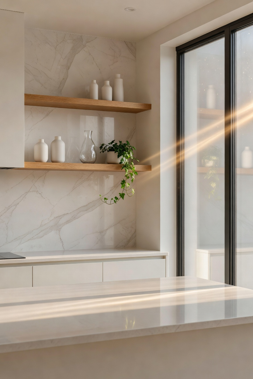 A modern kitchen design showcasing curated minimalism with oak floating shelves and natural sunlight.