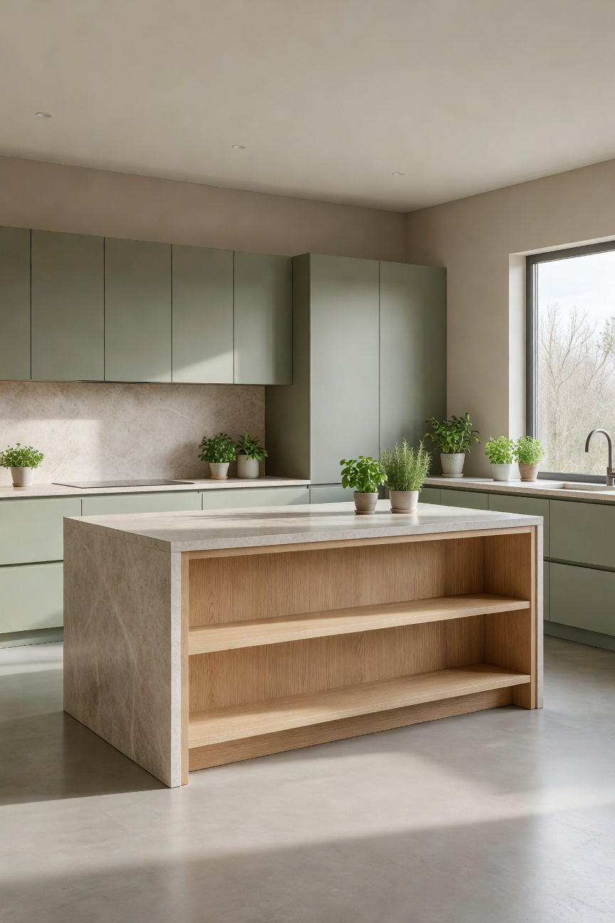 A spacious modern kitchen with sage green cabinets, greige walls, and natural wood accents illuminated by soft sunlight.