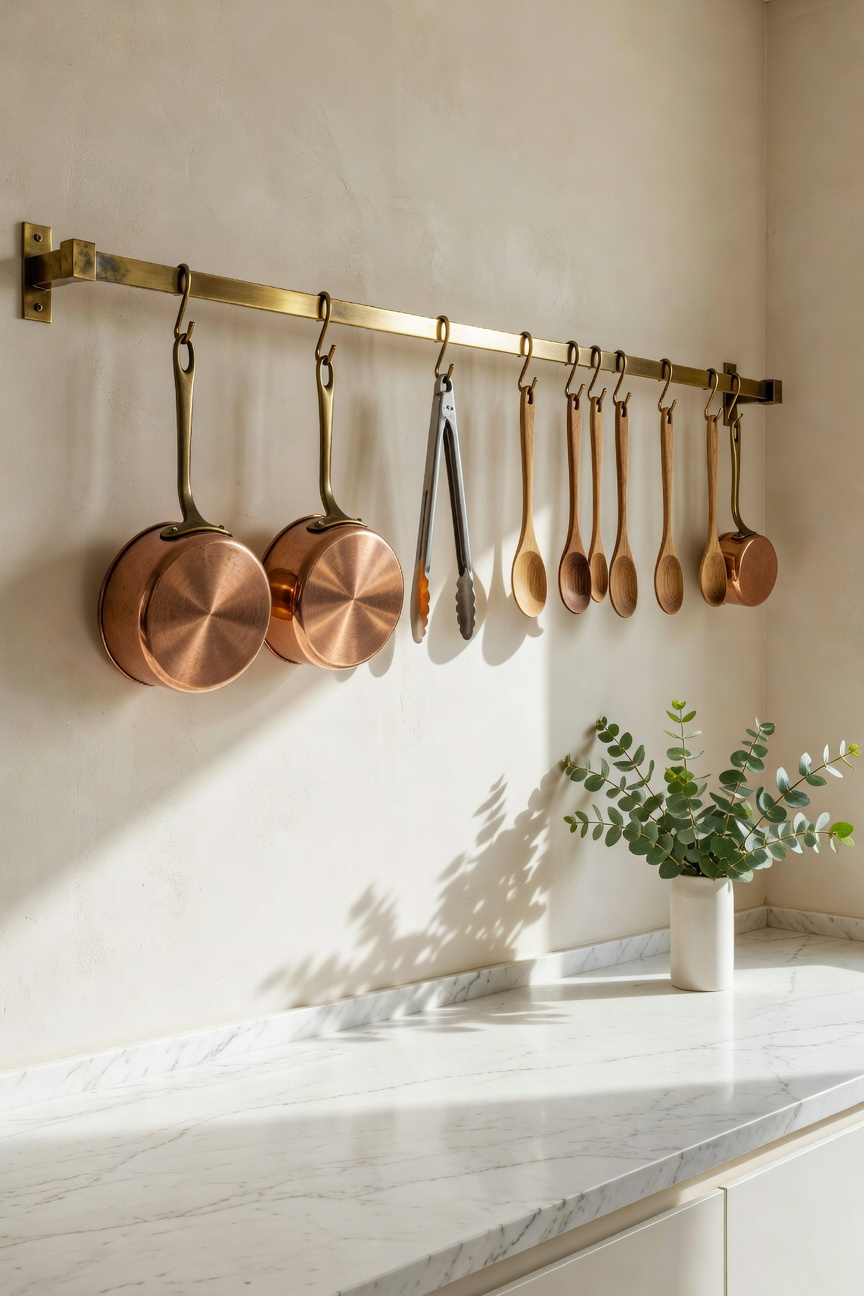 A minimalist kitchen featuring a patinated brass rail system for hanging cooking utensils against a textured plaster wall without upper cabinetry.