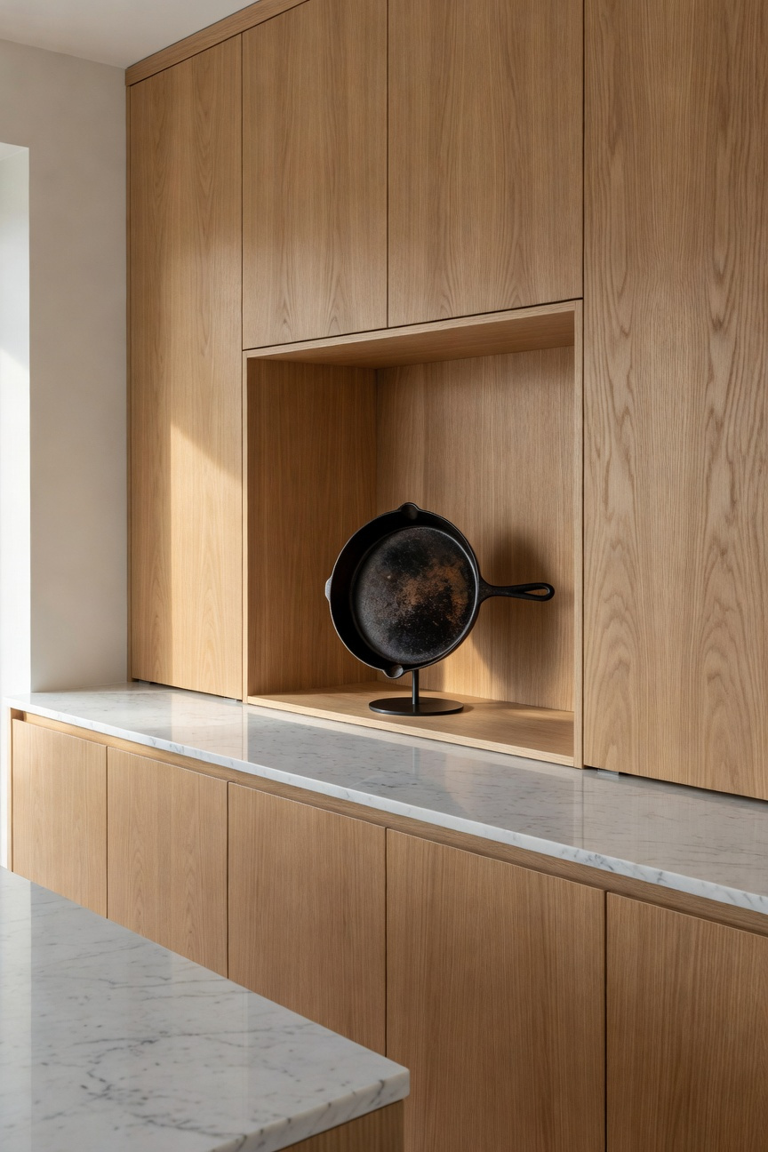 A modern Scandinavian kitchen featuring a dedicated display nook in oak cabinetry for a vintage cast iron skillet.