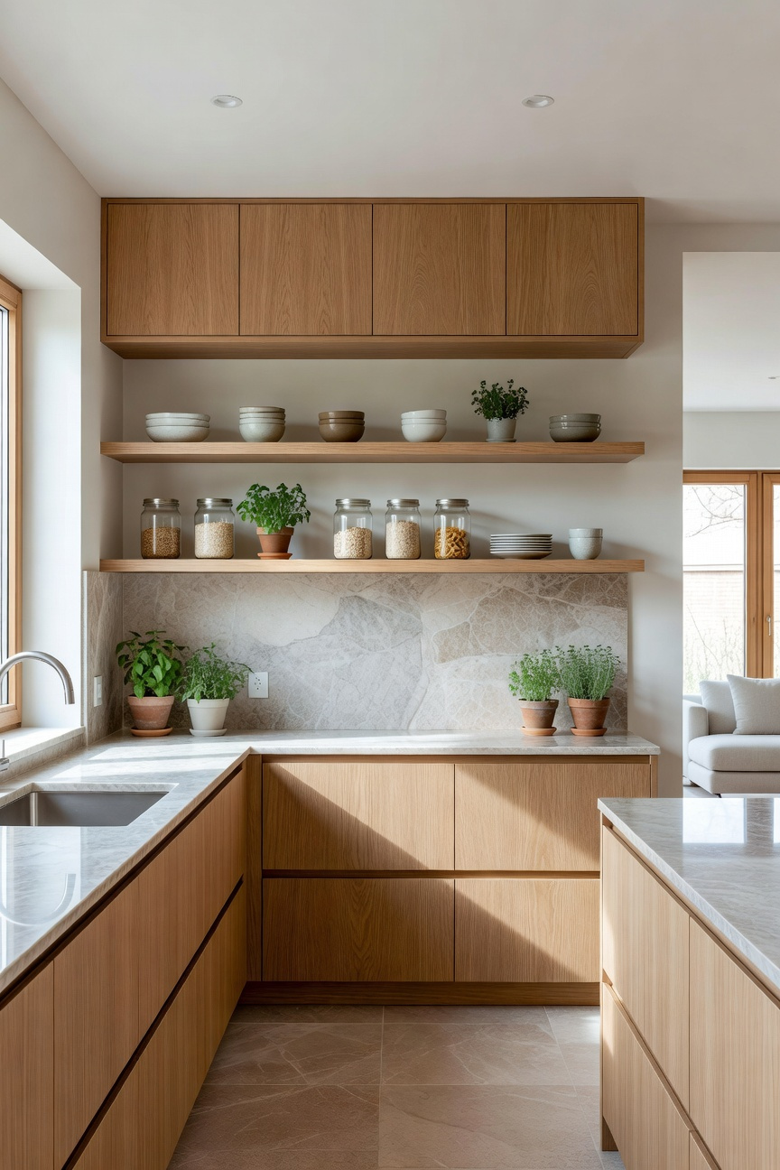 Modern kitchen interior showcasing intentional open shelving with curated ceramics and glassware as stylish storage solutions.