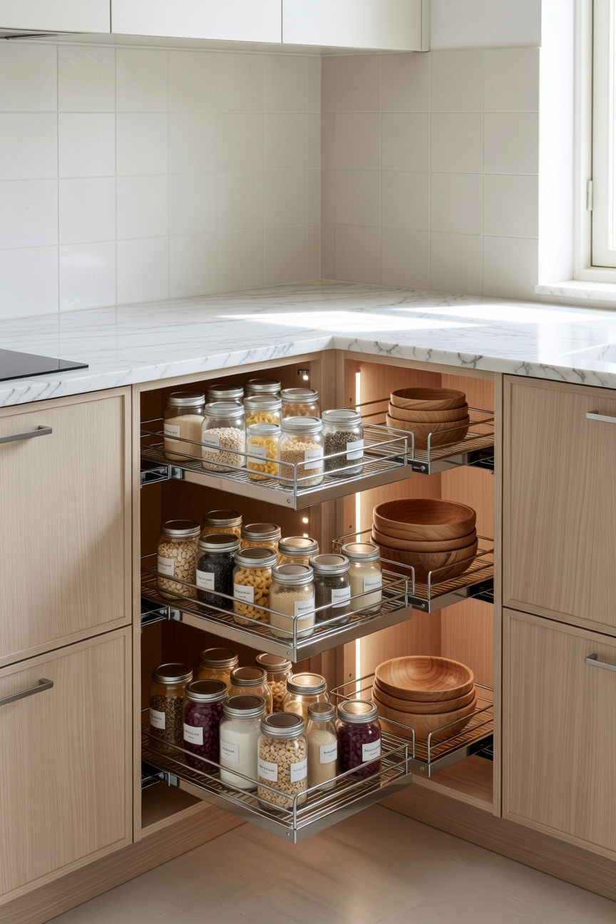 A functional Scandinavian kitchen corner cabinet featuring a magic corner pull-out storage system with multiple tiers of organized shelves.