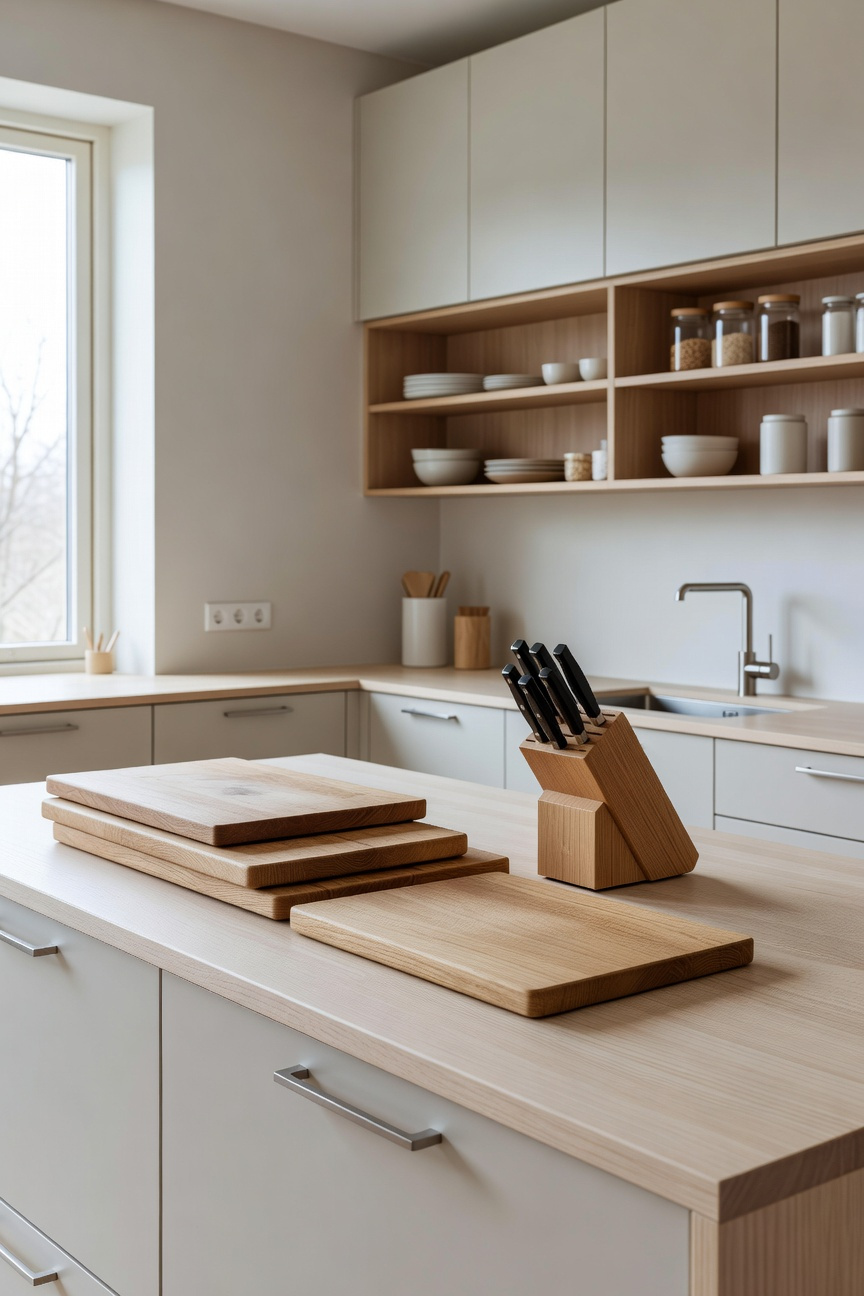A bright Scandinavian kitchen design featuring a dedicated preparation zone with oak cutting boards and organized storage solutions.
