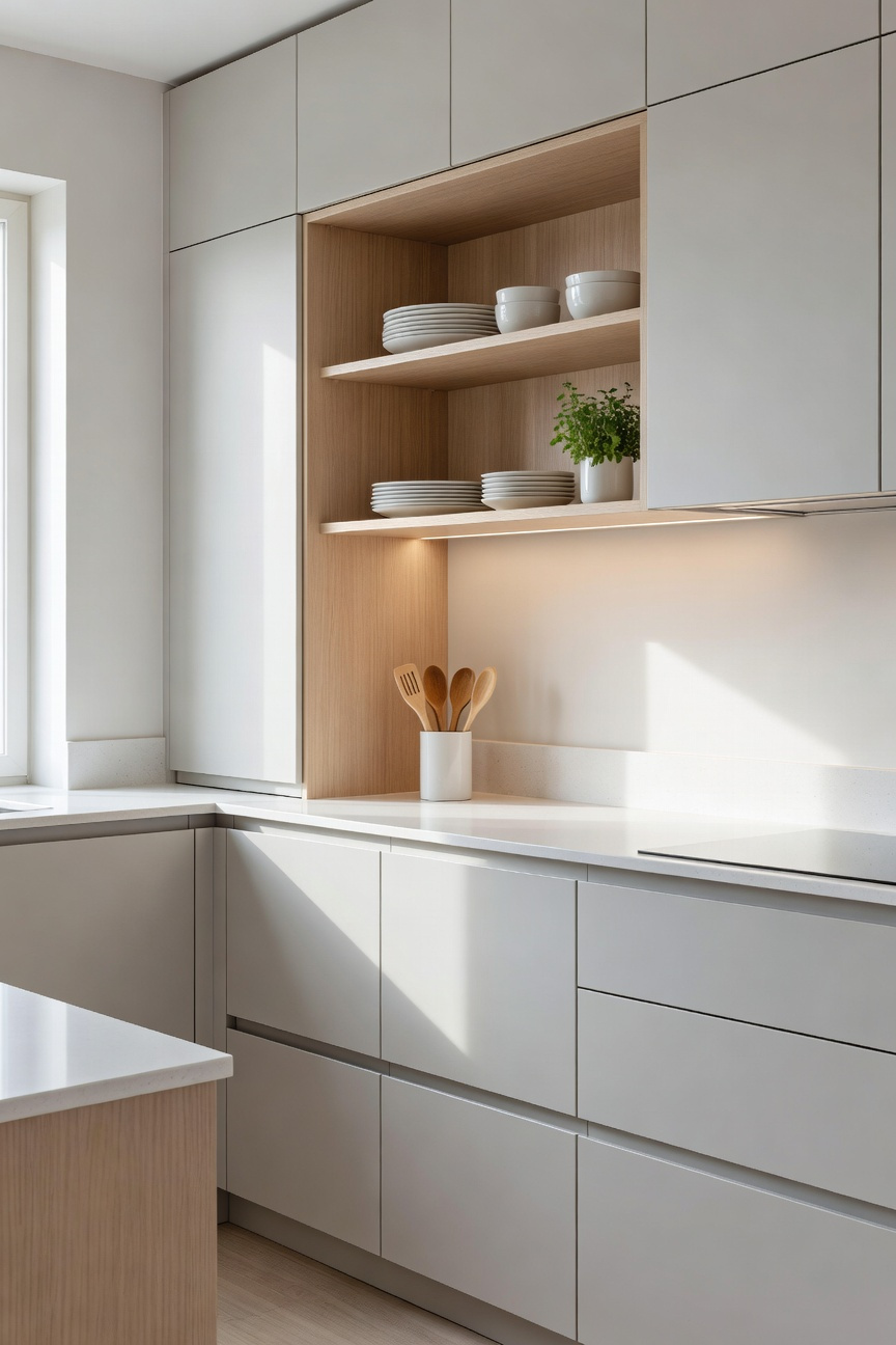 A bright, functional apartment kitchen featuring pale grey lower cabinets and light ash open shelving, embodying the balanced and efficient Lagom design philosophy.