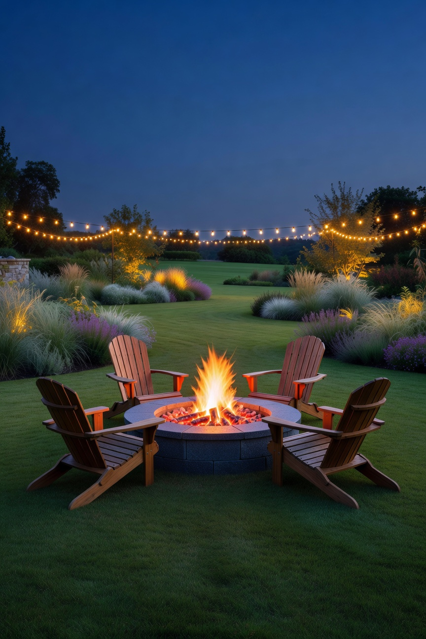 A cozy outdoor fire pit area in a lush lawn garden with wooden chairs arranged closely for a social gathering at twilight.