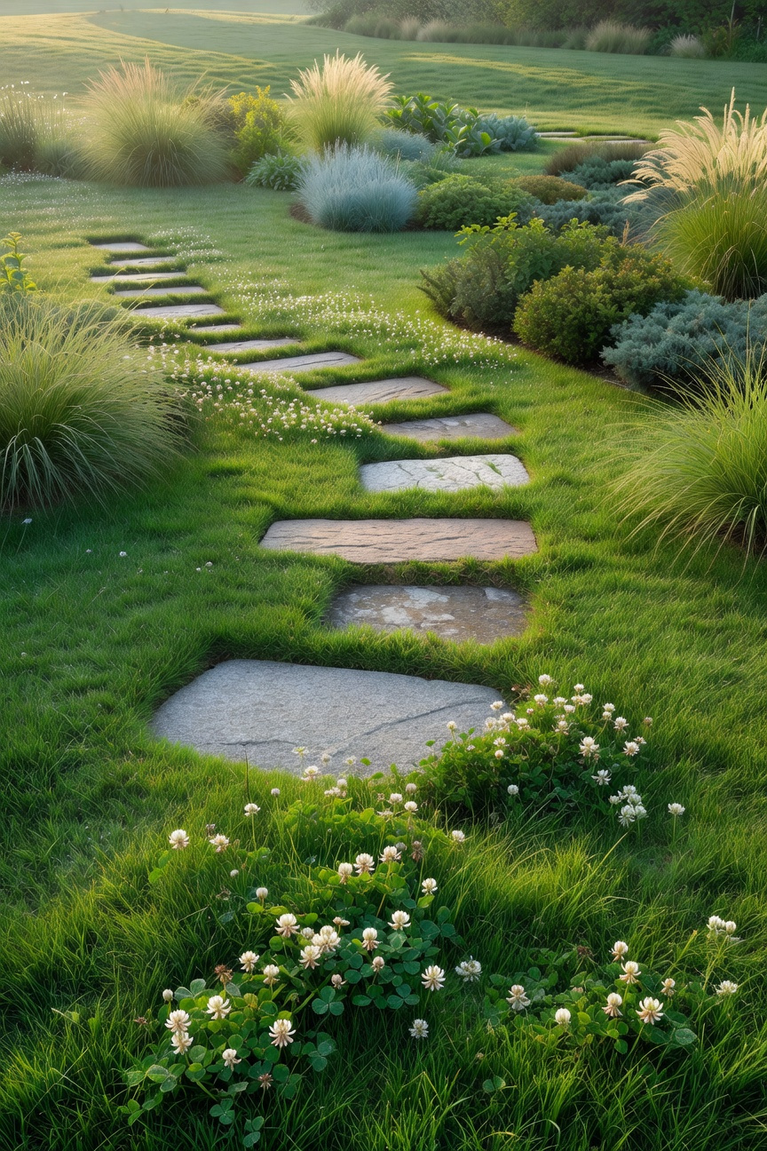 A sustainable lawn garden featuring a textured mix of native fescue and clover with integrated granite stepping stones.