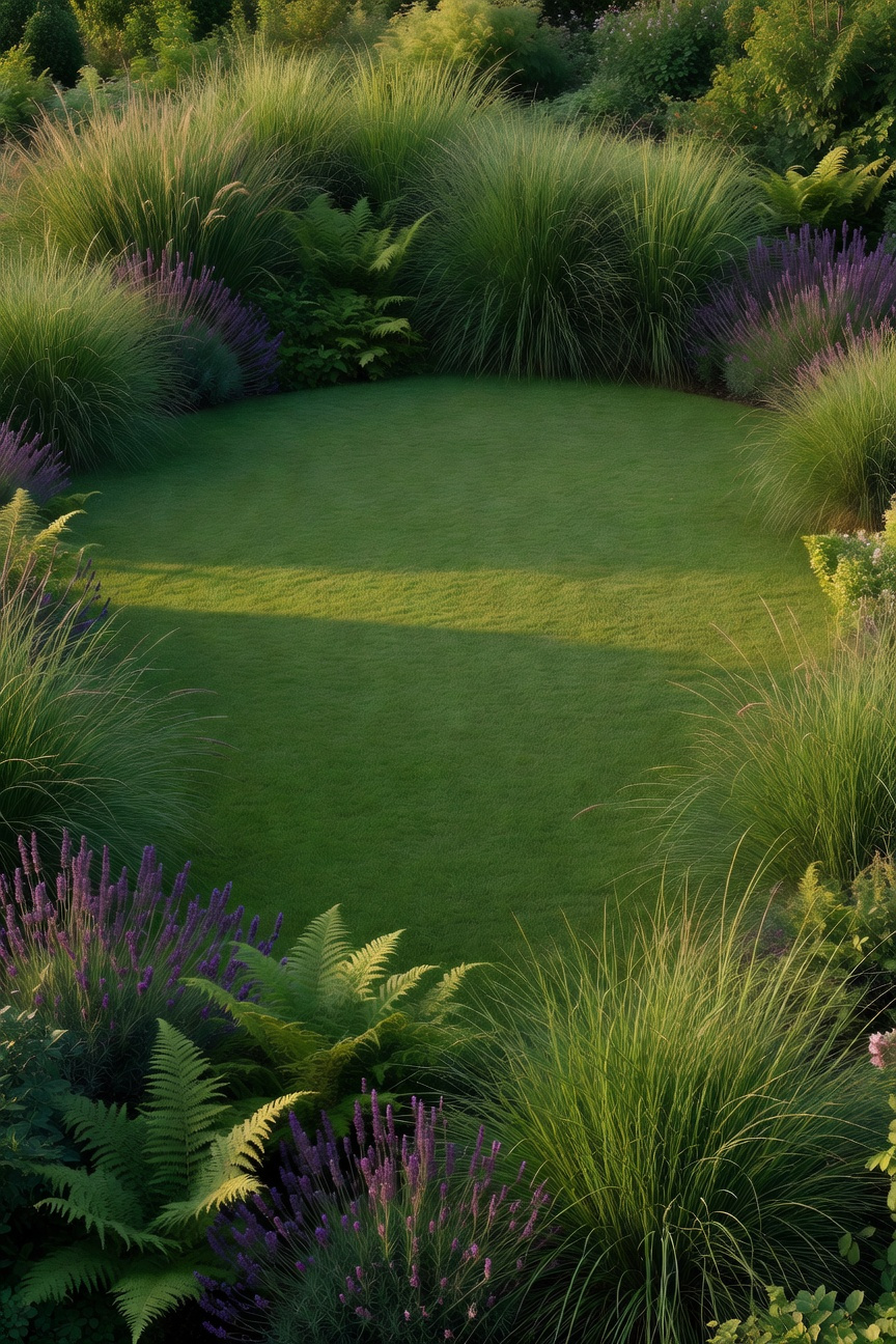 A wide landscape view of a green lawn garden designed as a serene negative space between lush and textured garden borders.