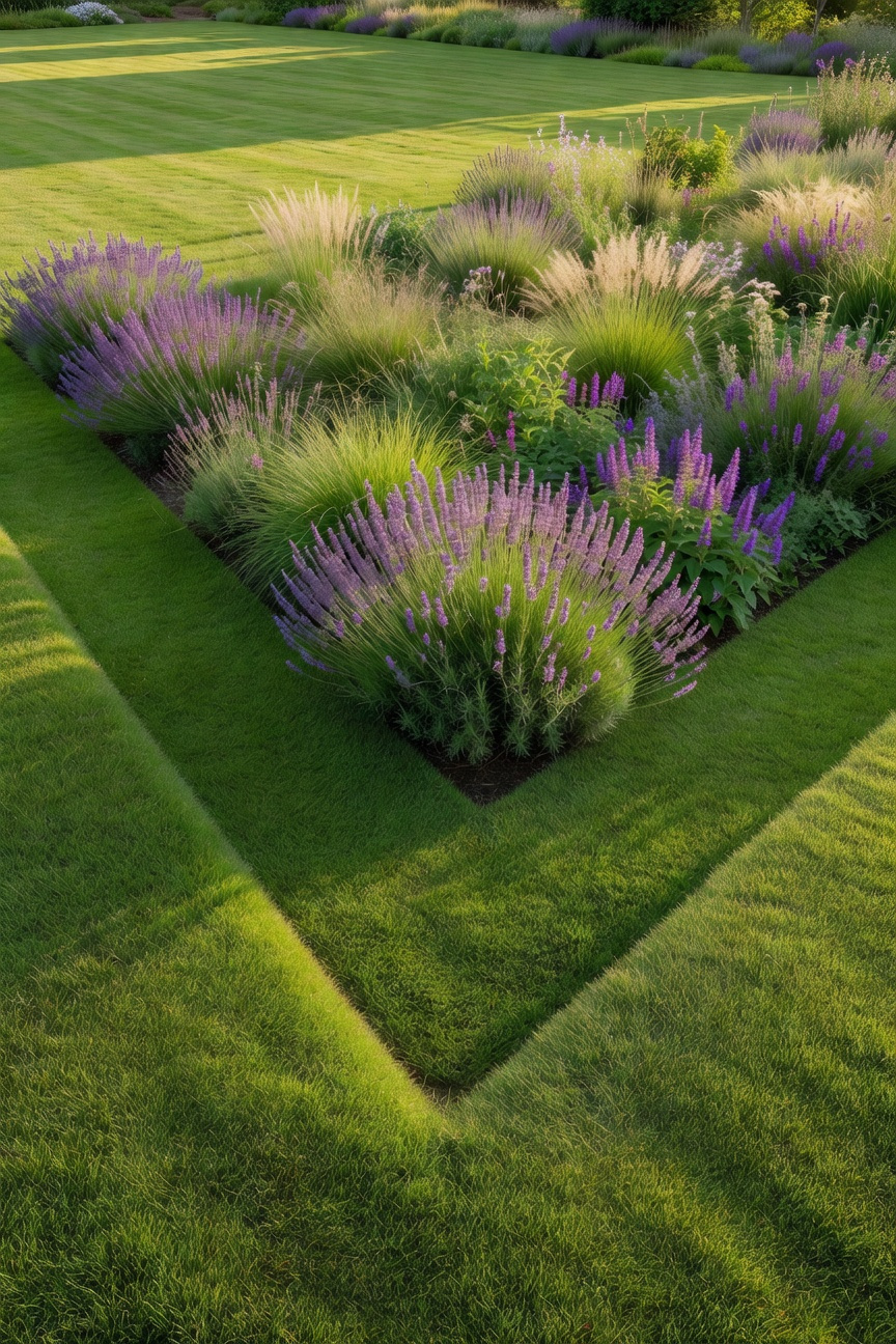 A professionally landscaped garden featuring a clean V-shaped English Edge separating a lush green lawn from a vibrant flower bed filled with perennials.