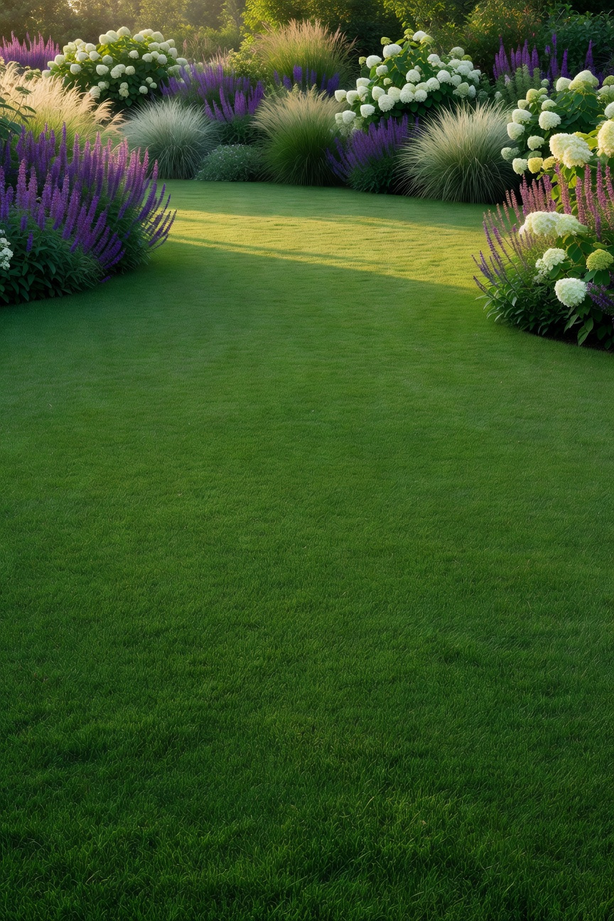 A wide view of a vibrant green lawn garden surrounded by lush, colorful planting beds in a professionally designed backyard.