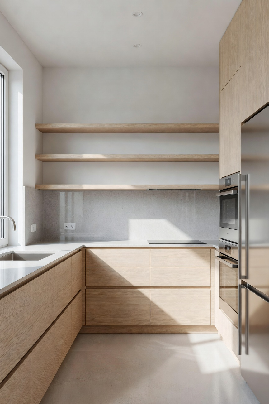 Minimalist apartment kitchen featuring light white oak cabinets and floating ash shelves, reflecting bright natural sunlight to maximize the airy feel of the small space.