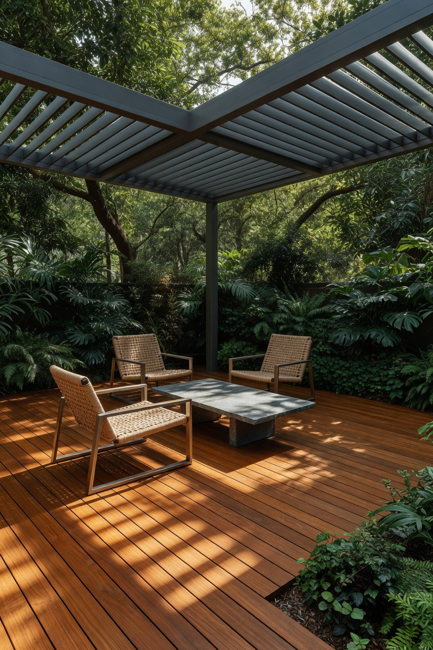 A modern outdoor deck featuring a dark louvered pergola casting dynamic, diffused light patterns onto warm Ipe wood decking and contemporary outdoor furniture, effectively mimicking a forest canopy.