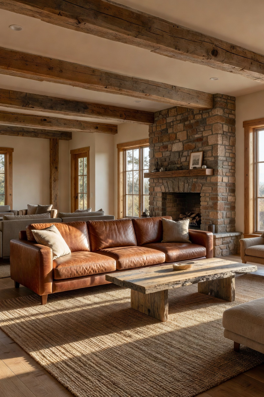 A rustic living room featuring low-profile leather furniture, reclaimed timber ceiling beams, and a stone fireplace with open sightlines and natural sunlight.
