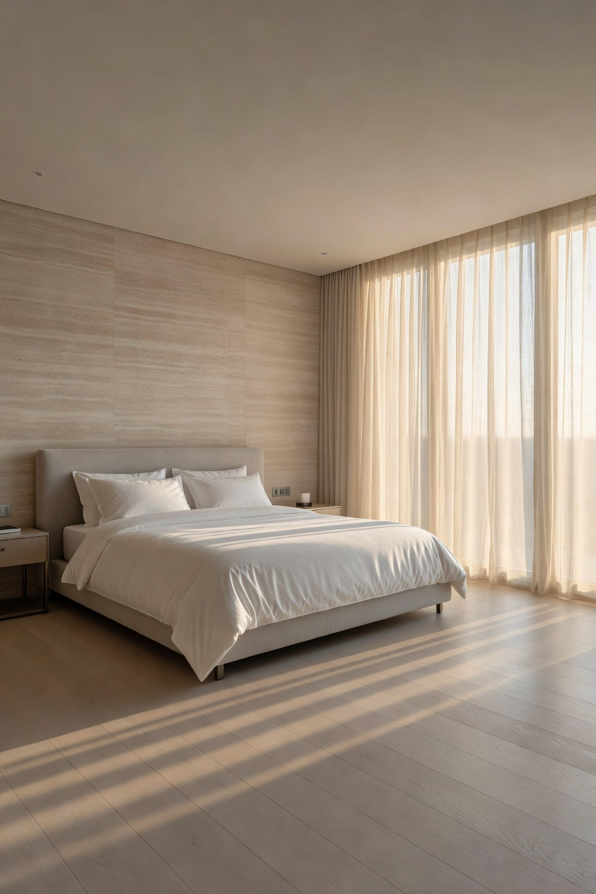 A luxury bedroom interior flooded with warm, golden morning light from large East-facing windows, showcasing optimal bed placement for circadian rhythm support.