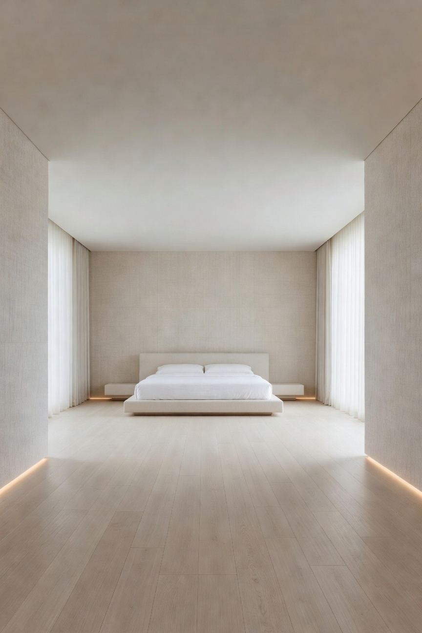 A photograph of a minimalist luxury bedroom showcasing vast negative space, wide clear pathways, and contemporary furniture arrangement designed for effortless spatial flow and mental clarity.