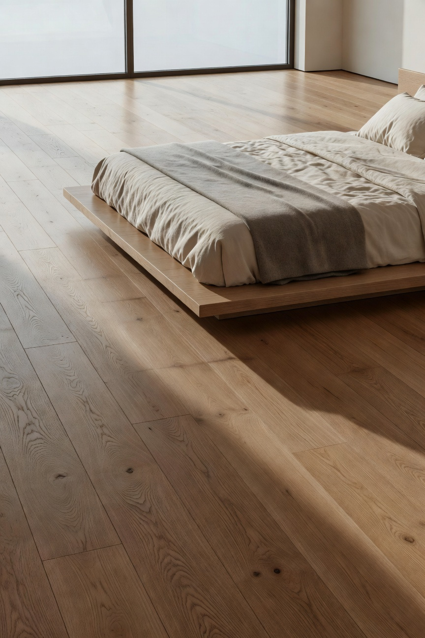 Minimalist luxury bedroom featuring expansive heated wide-plank natural oak flooring under soft morning sunlight, emphasizing the grounding naked floor concept next to a low platform bed.