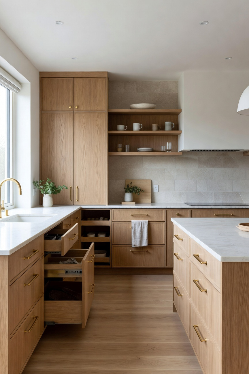 A spacious modern kitchen featuring light oak cabinetry with brass accents and integrated storage solutions under soft natural light.